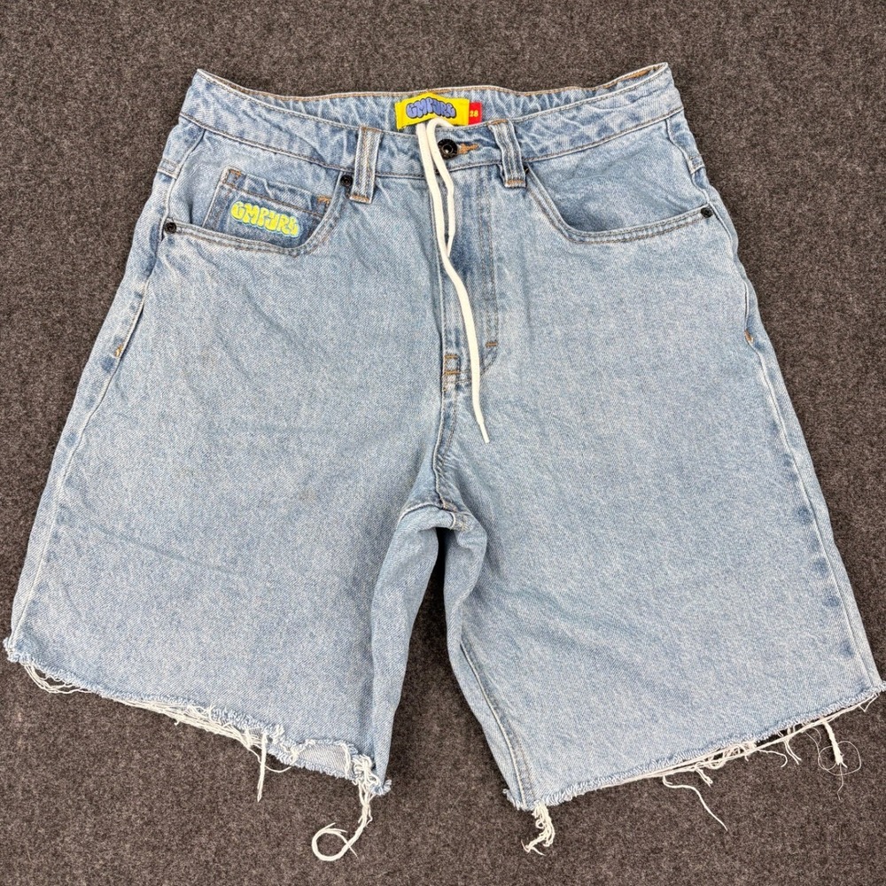 Empyre Mens Light Wash Denim Skate Shorts Raw Hem Embroidered Logo Size 28